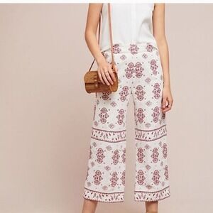 Anthropologie Ett Twa Jadida Pants Womens 14 White/Red Embroidered Crop Wide Leg